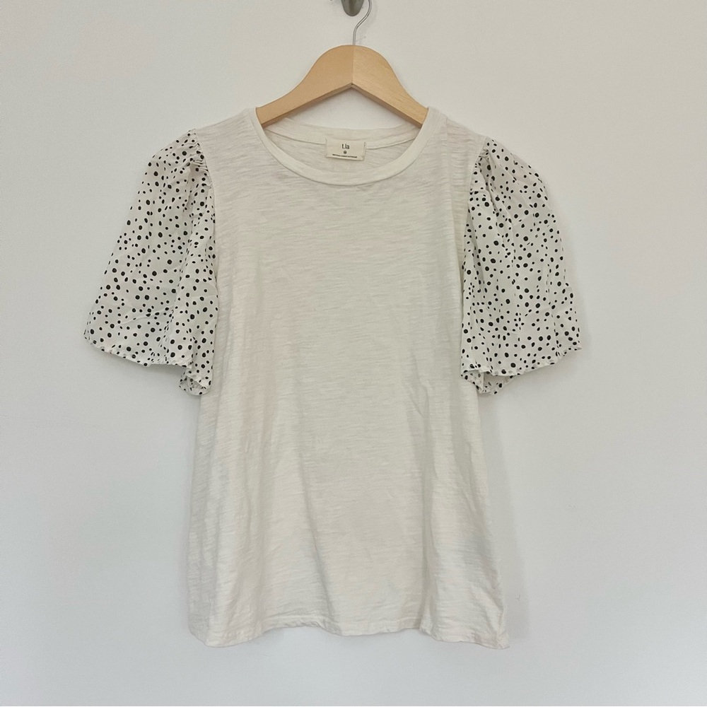 Anthropologie T.LA White Puff Sleeve Polka Dot Top Blouse T Shirt Medium